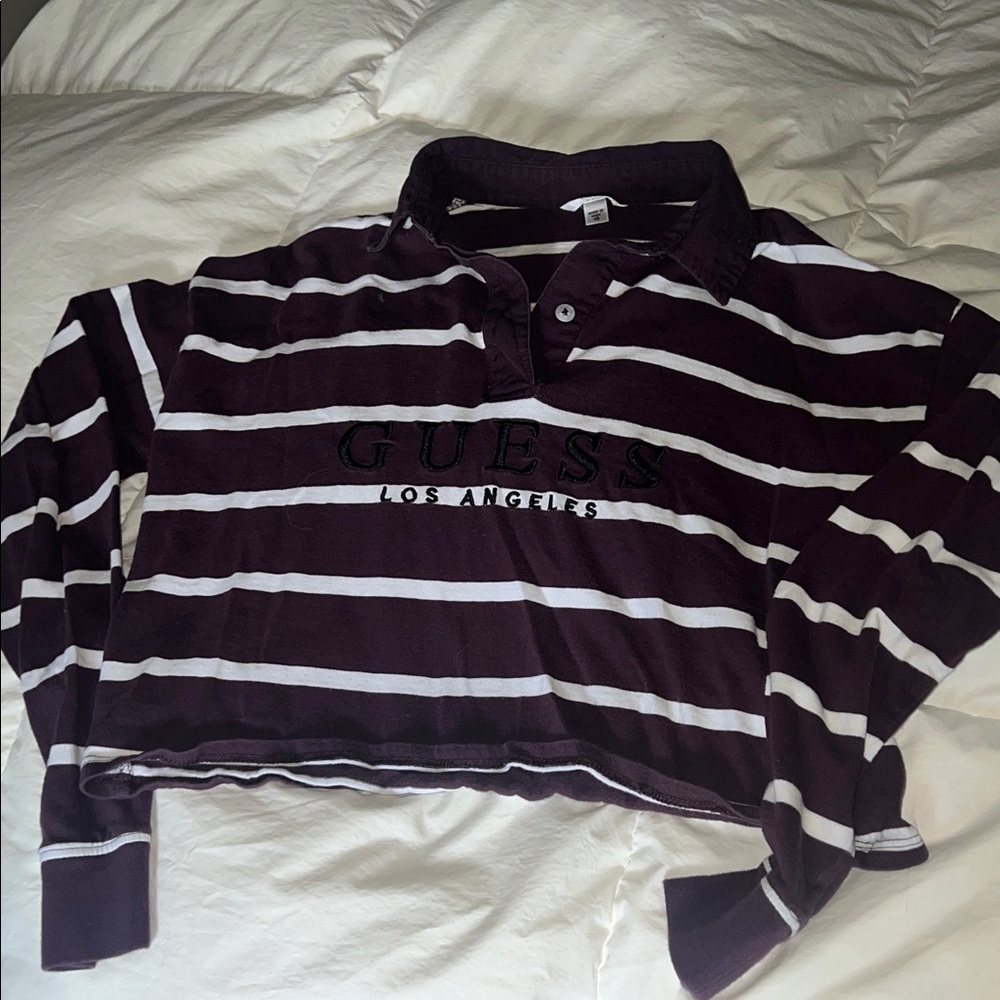 Guess Purple and White Striped Cropped Polo